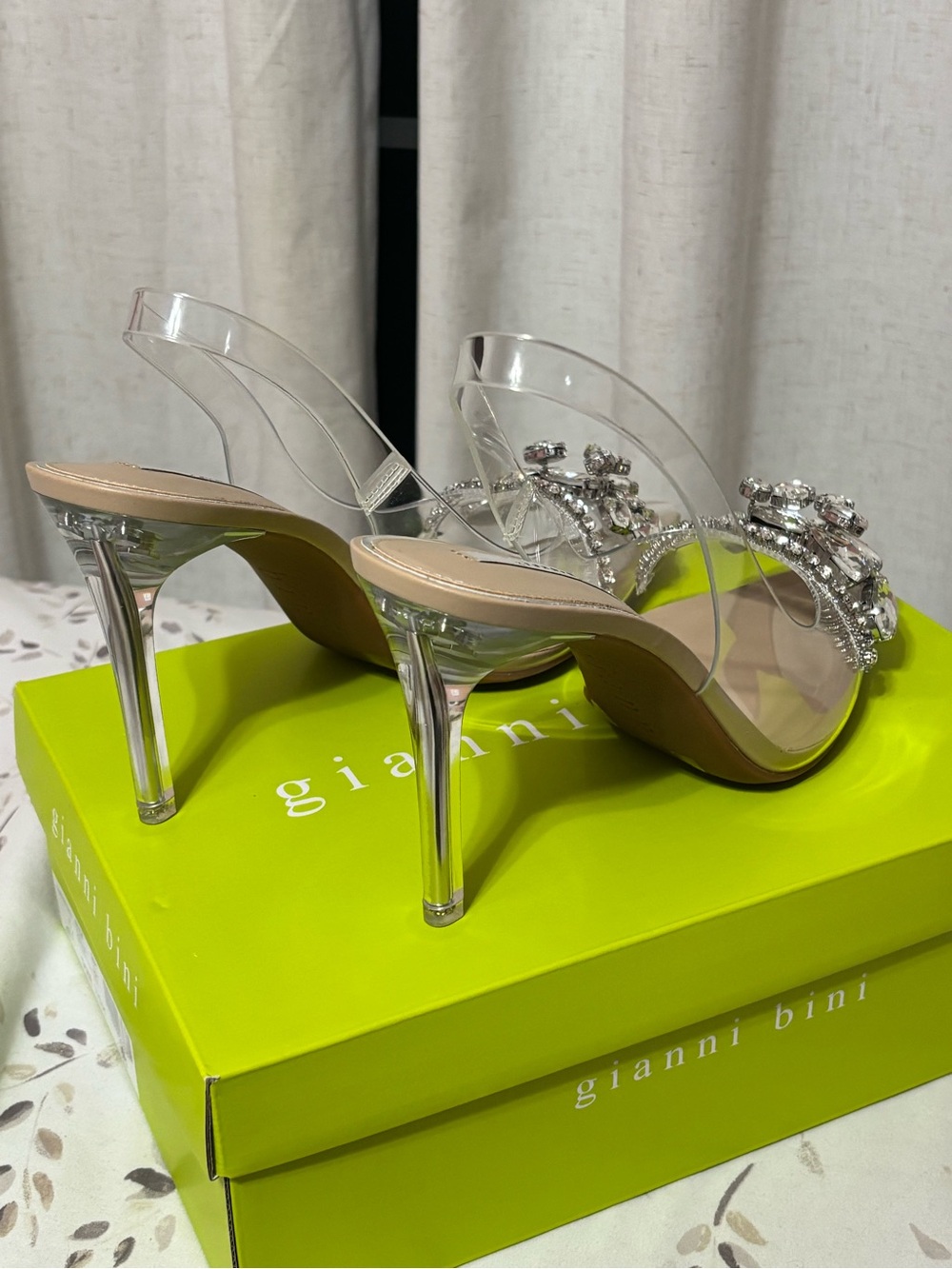 Gianni Bini Nude Clear Pointed Toe Slingback Heels with Crystal Embellishment - Picture 2 of 3